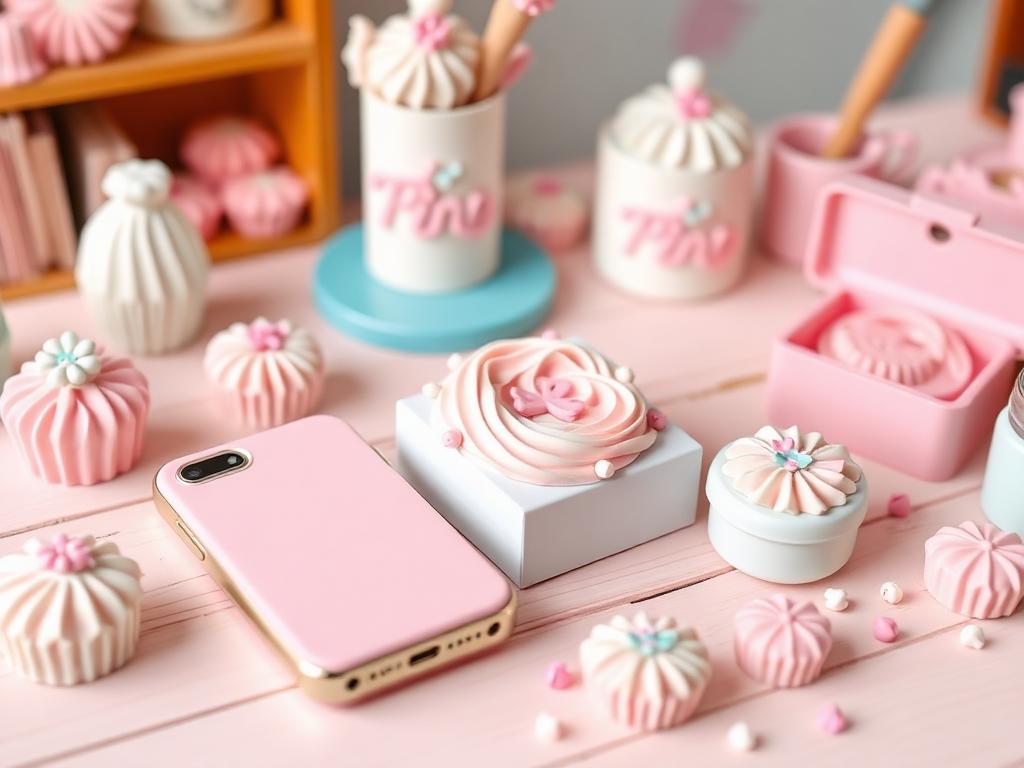 Decoden frosting activation with phone cases and trinket boxes decorated in whipped clay