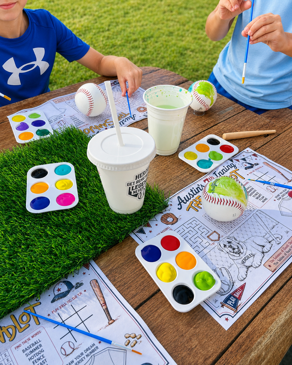 Kids painting baseballs with watercolors at a baseball-themed Paint and Drip activity table