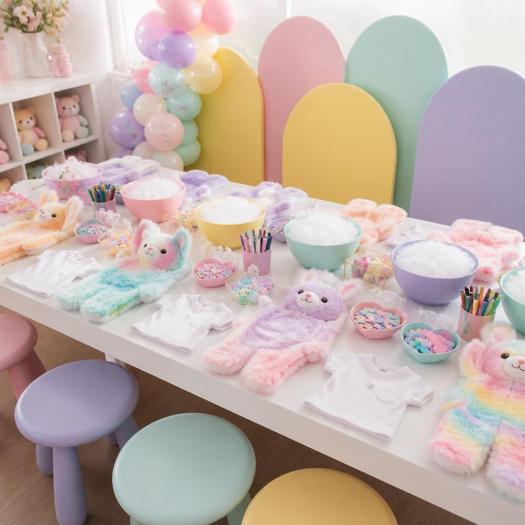 Pastel build-your-own stuffed animal party table with fluffy plush skins, wish hearts, and decorating supplies