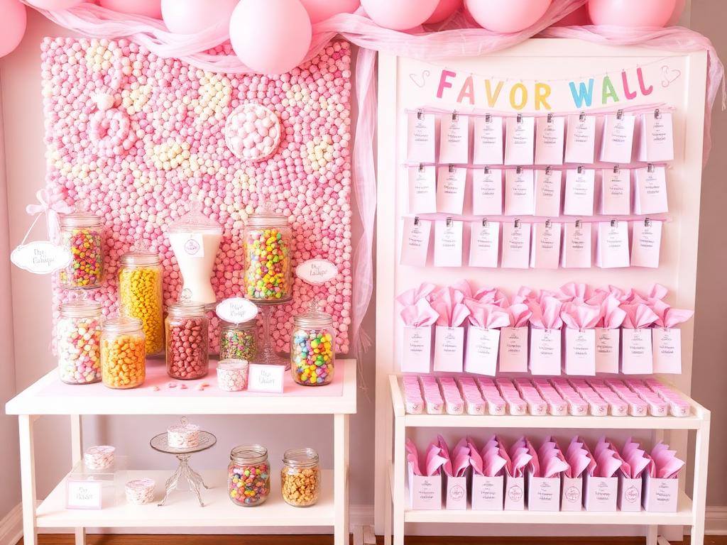 Candy wall and favor wall combo display with custom signage and labels