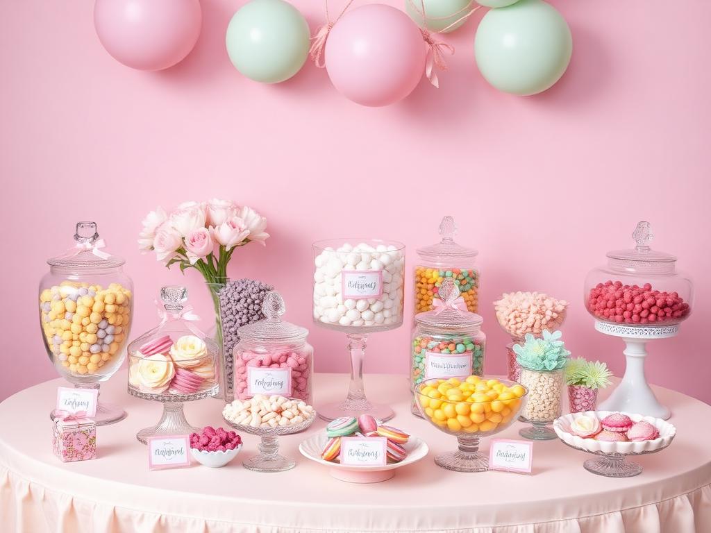Styled candy table with jars, custom labels and pastel decor