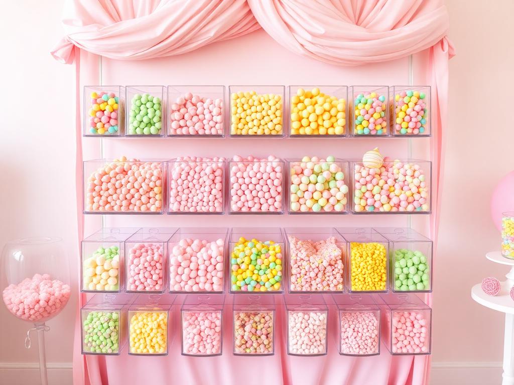 Colorful pastel candy wall display at a party
