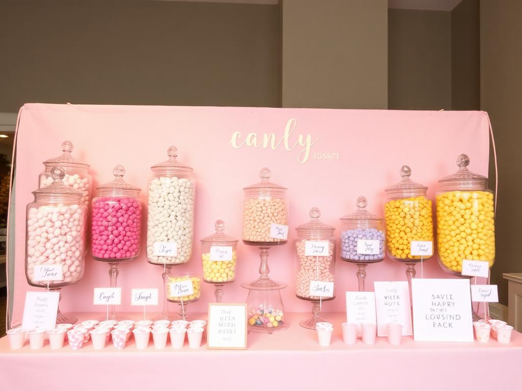 Pastel candy wall with glass jars of colorful sweets, custom signage and cups