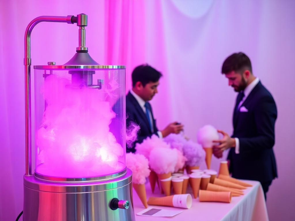 Pastel cotton candy clouds display with fluffy candy, white cones and a rainbow backdrop