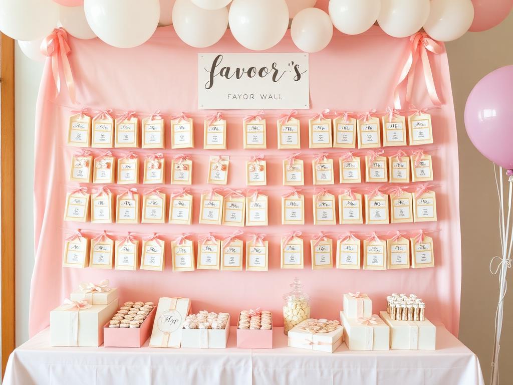 Custom favor wall with personalized gifts, signage and pastel decor