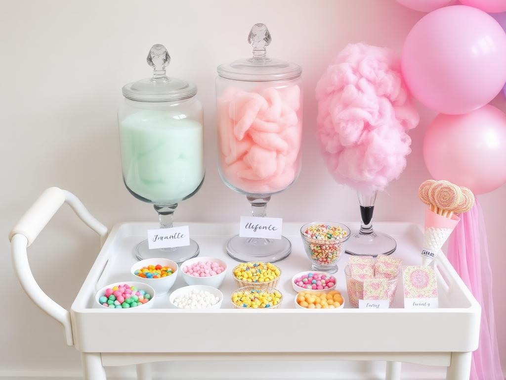 Styled cotton candy bar cart with gourmet pastel floss, toppings, custom cones and candy garnishes