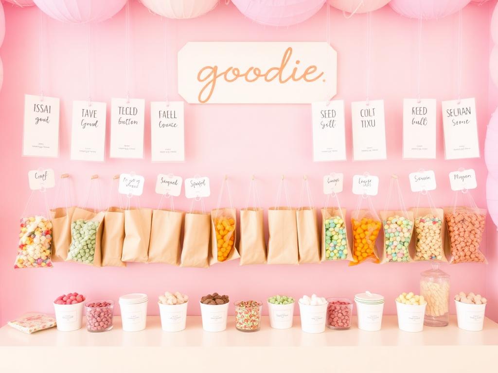 Pastel goodie wall with hanging bags and cups of curated candies