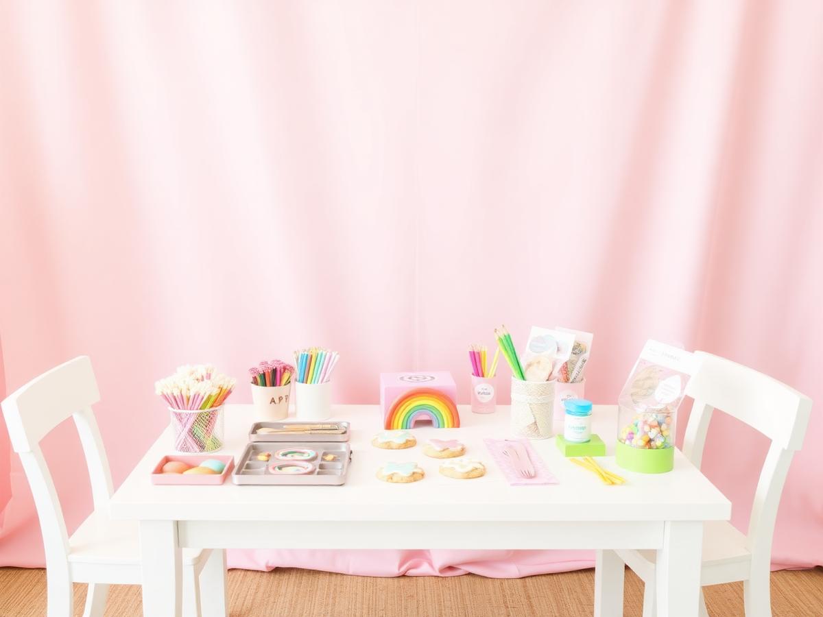 Kids activity table with pastel craft supplies, colouring kits and cookie decorating