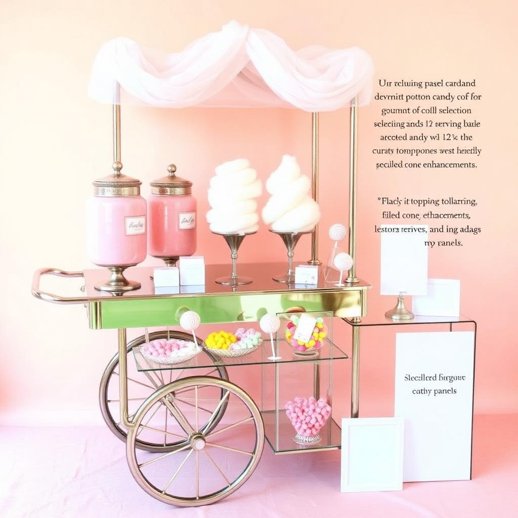 Luxury cotton candy bar cart with custom branding elements, gourmet flavors, premium toppings, lollipops and candy garnishes