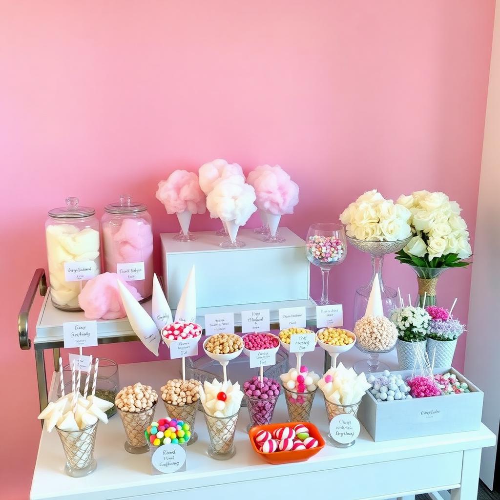 Premium cotton candy bar cart with four gourmet flavors, custom cones, an extensive topping bar, candy garnishes and lollipops