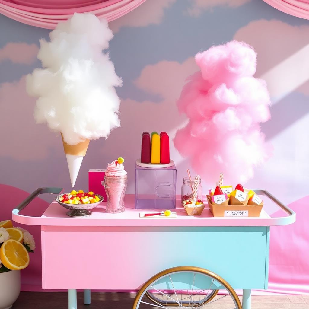 Colorful cotton candy and paleta bar cart with fresh fruit toppings, specialty lollipops and personalized dessert boats